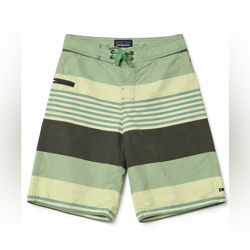Patagonia‎ Boys Board Shorts Green Stripe Surf Skate Beachcore Y2K- Size 10